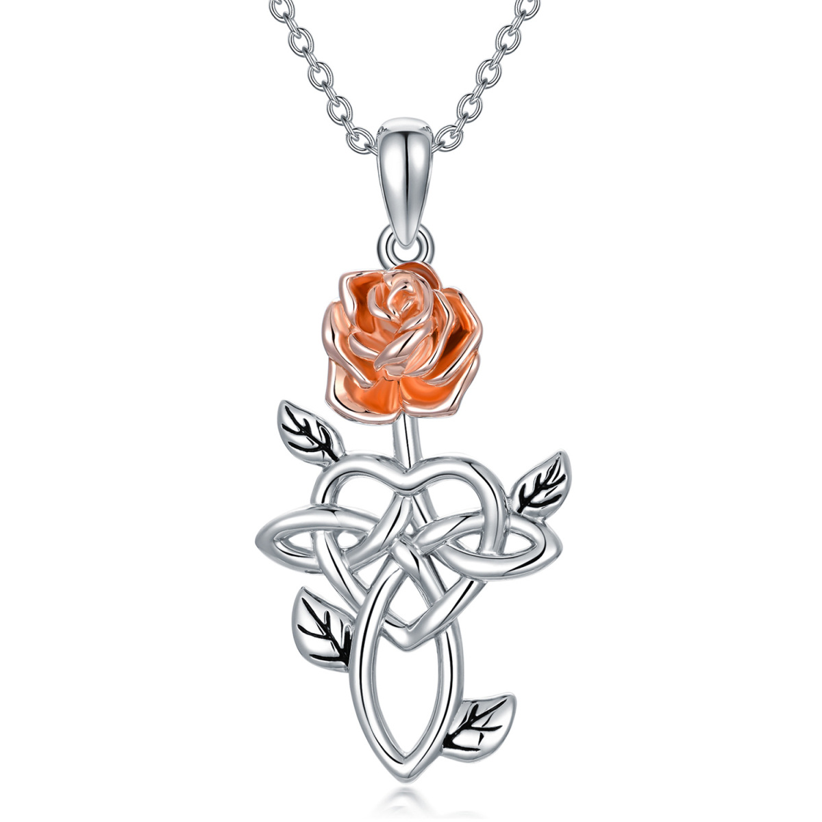 Sterling Silber zweifarbige Rose & keltischer Knoten & Herz Anhänger Halskette-1