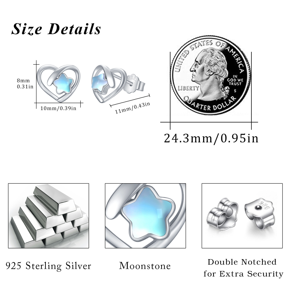 Sterling Silver Moonstone Heart Stud Earrings-6
