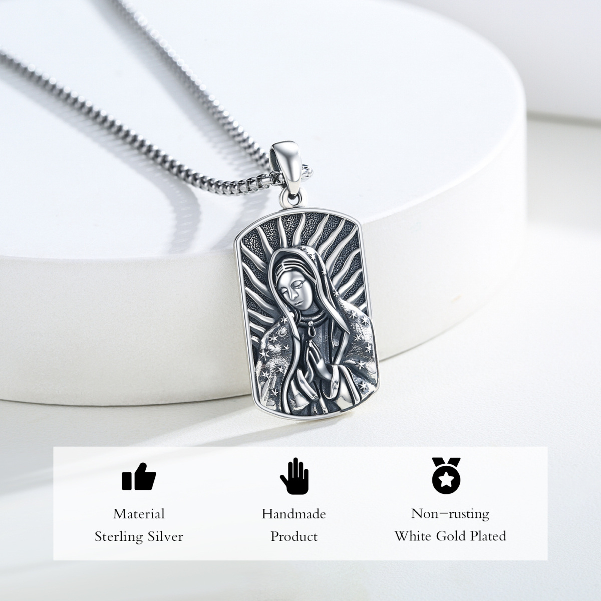 Sterling Silver Virgin Mary Pendant Necklace for Men-3