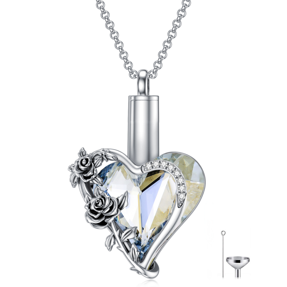 Collar de plata de ley con forma de corazón de rosa de cristal y urna de corazón para cenizas-1