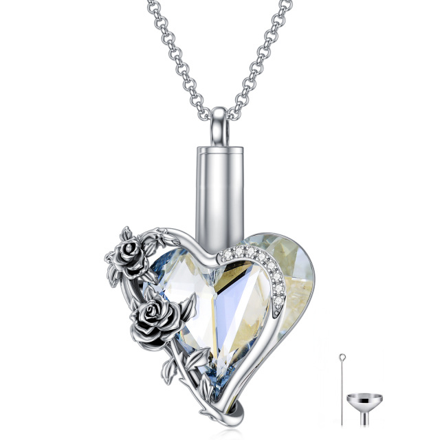 Collar de plata de ley con forma de corazón de rosa de cristal y urna de corazón para cenizas-0