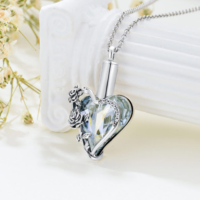 Collar de plata de ley con forma de corazón de rosa de cristal y urna de corazón para cenizas-3