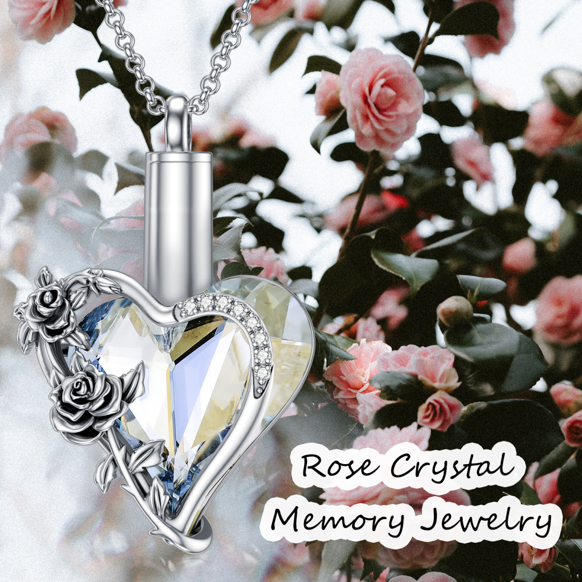 Collar de plata de ley con forma de corazón de rosa de cristal y urna de corazón para cenizas-6