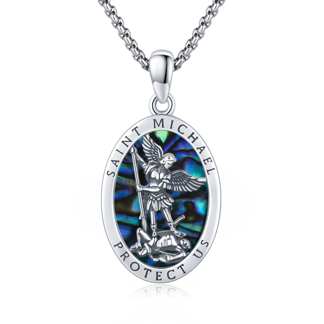Sterling Silver Oval Shaped Abalone Shellfish Saint Michael Pendant Necklace for Men-0