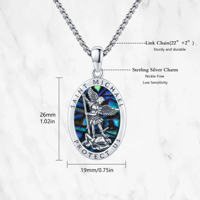 Sterling Silver Oval Shaped Abalone Shellfish Saint Michael Pendant Necklace for Men-4