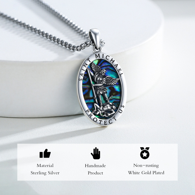 Sterling Silver Oval Shaped Abalone Shellfish Saint Michael Pendant Necklace for Men-3