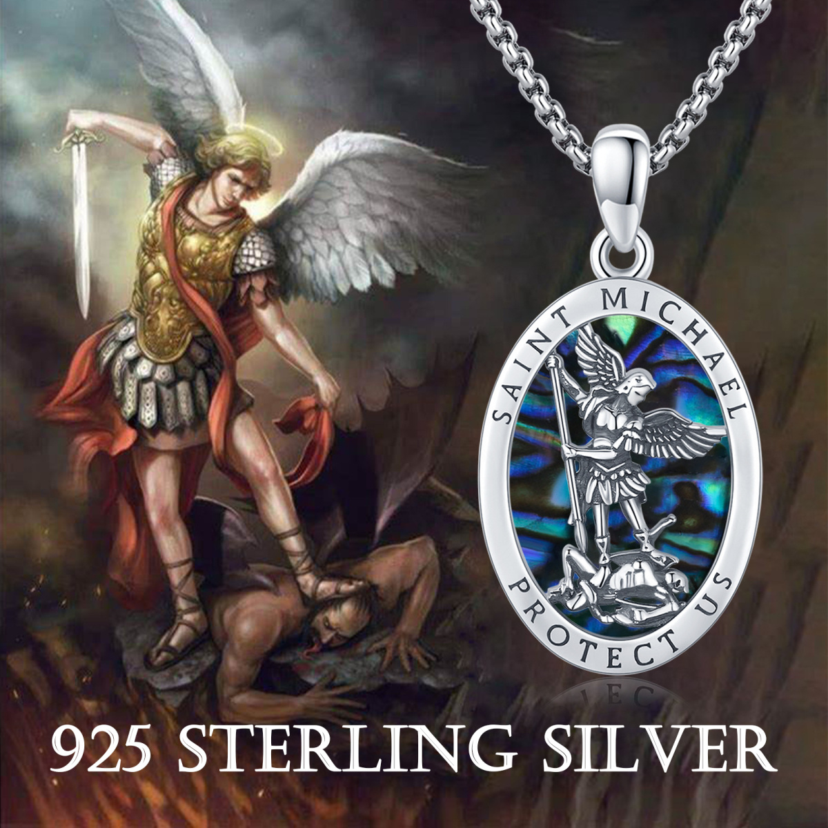Sterling Silber Oval geformt Abalone Schalentier Saint Michael Anhänger Halskette für Männer-6
