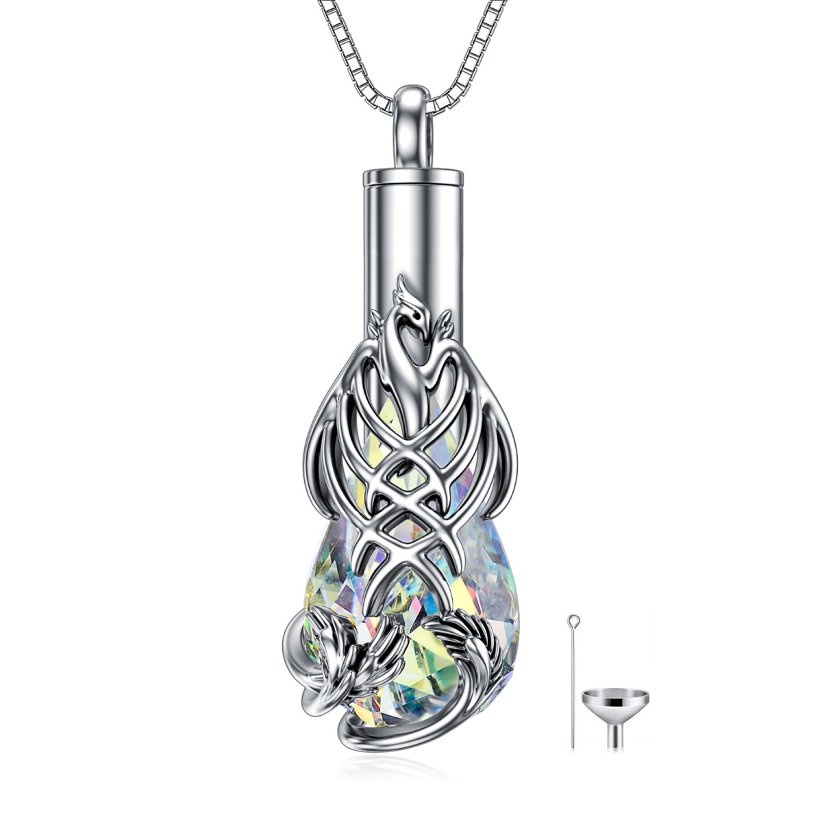 Urnen-Halskette aus Sterlingsilber mit birnenförmigem Kristall und Phönix-Tropfen für die Asche-1