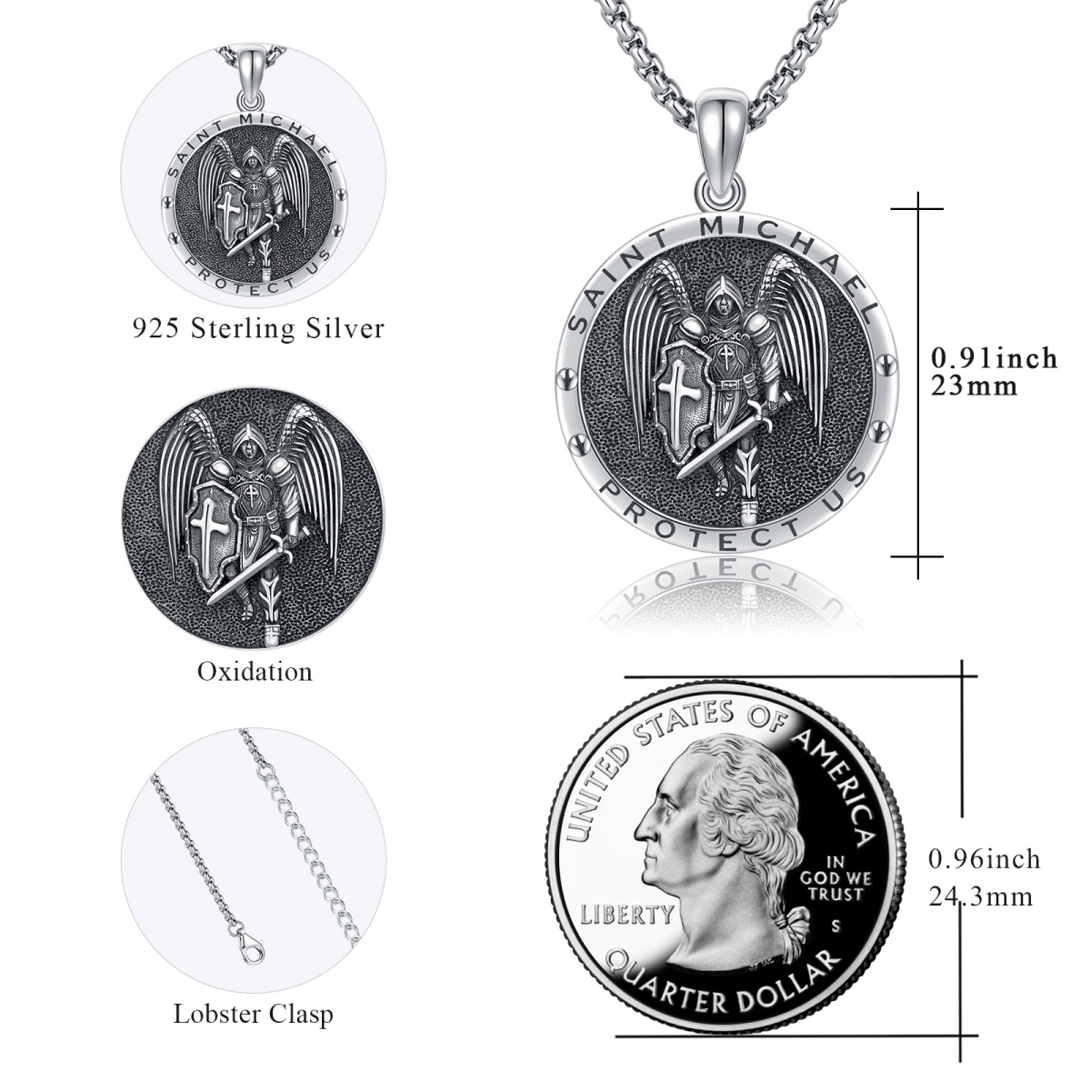 Sterling Silver Saint Michael Vintage Coin Pendant Necklace with Engraved Words for Men-6