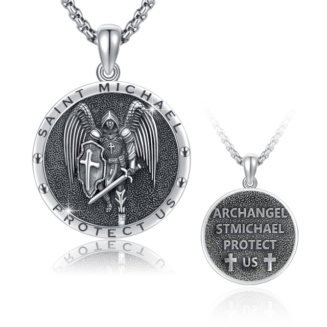 Sterling Silver Saint Michael Vintage Coin Pendant Necklace with Engraved Words for Men-0