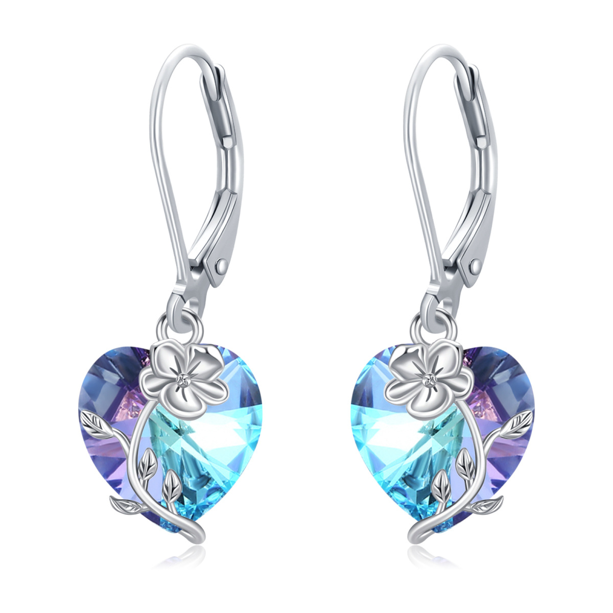 Sterling Silver Heart Shaped Crystal Violet & Heart Lever-back Earrings-1