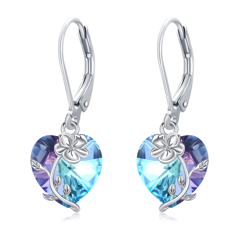 Sterling Silver Heart Shaped Crystal Violet & Heart Lever-back Earrings