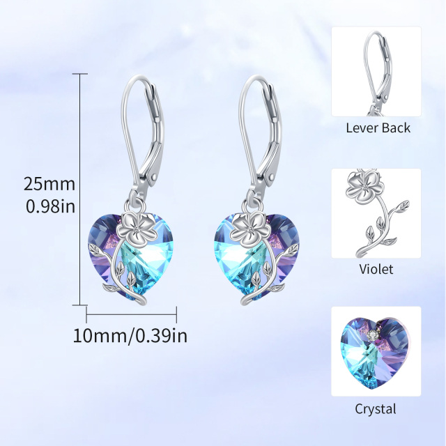 Sterling Silver Heart Shaped Crystal Violet & Heart Lever-back Earrings-2