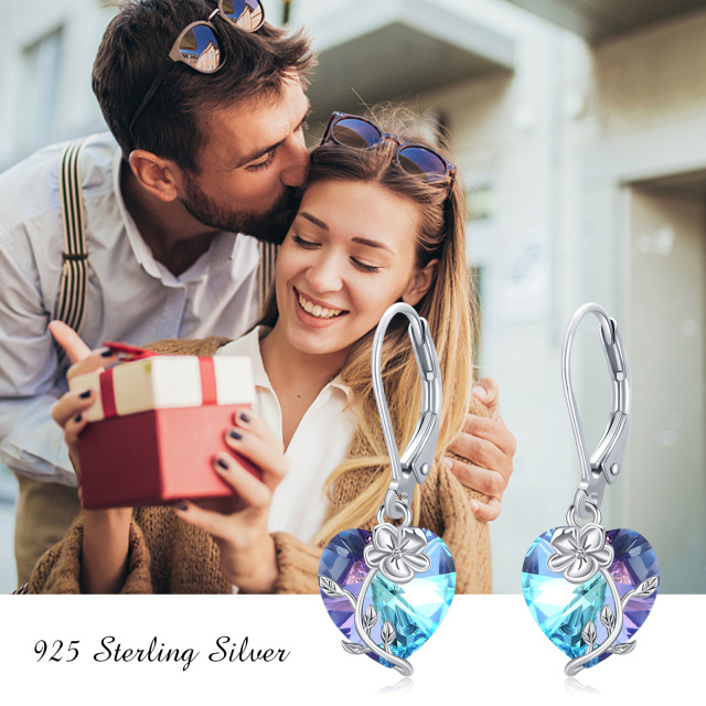 Sterling Silver Heart Shaped Crystal Violet & Heart Lever-back Earrings-4