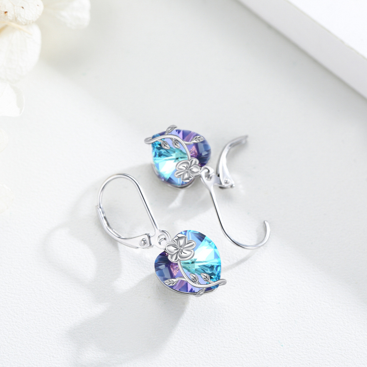 Sterling Silver Heart Shaped Crystal Violet & Heart Lever-back Earrings-6