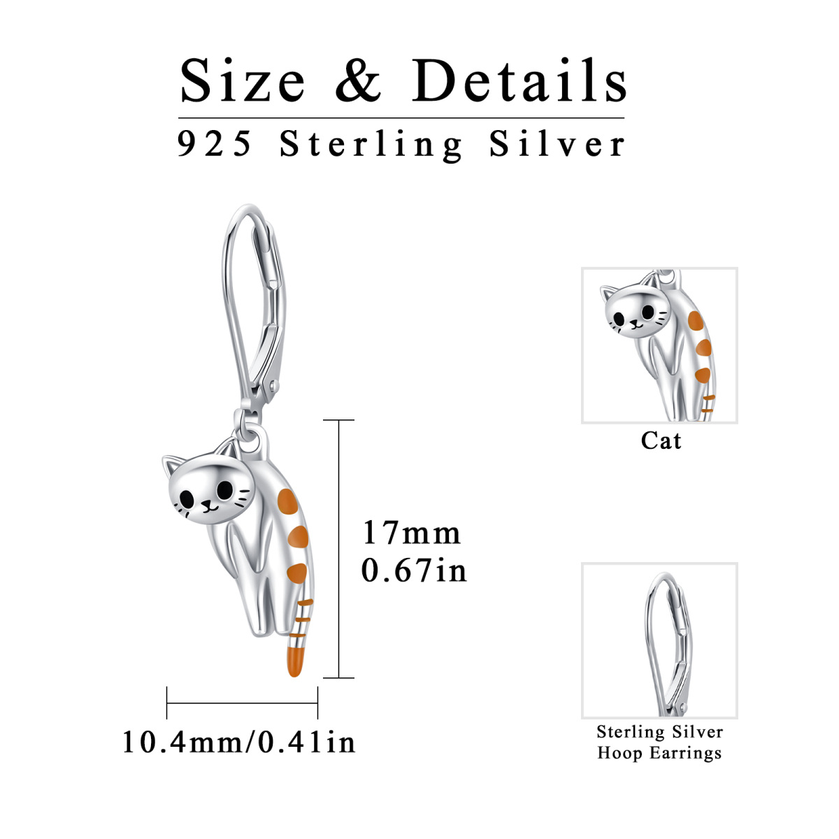 Sterling Silver Cat Lever-back Earrings-6