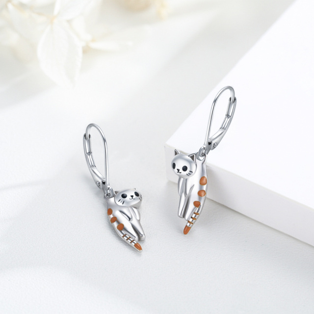 Sterling Silver Cat Lever-back Earrings-4