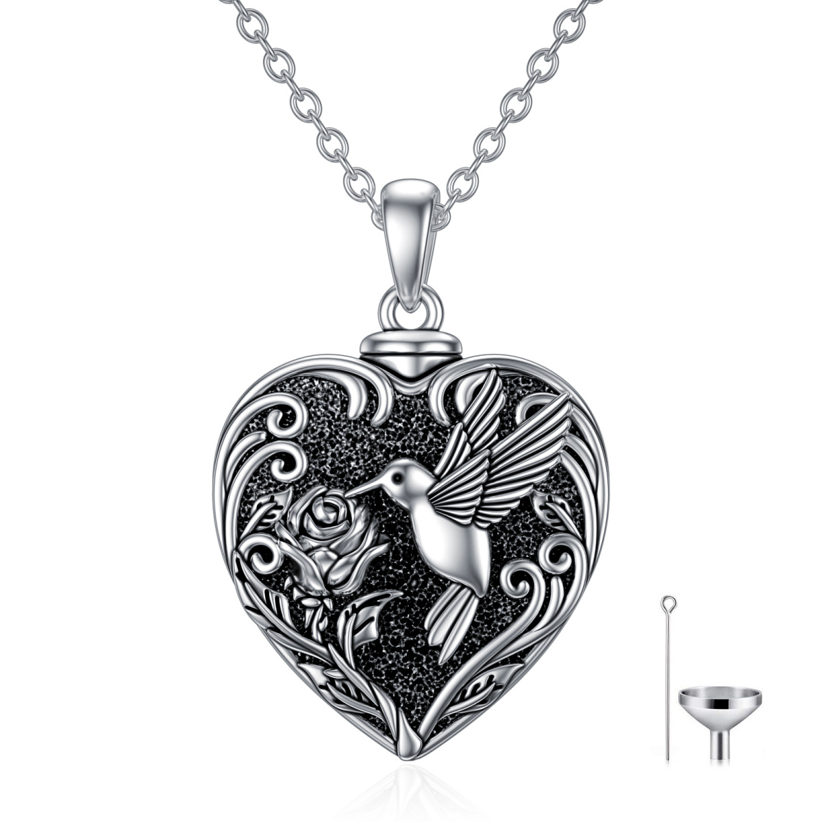 Sterling Silver Hummingbird & Rose Urn Necklace for Ashes-1