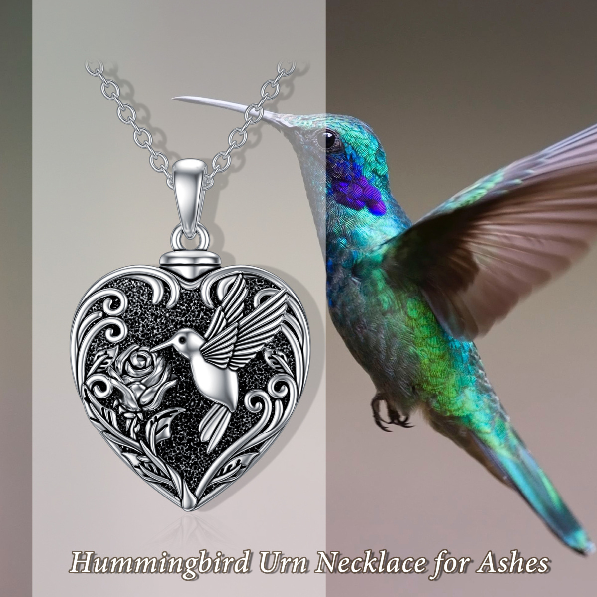 Collar colibrí y rosa de plata de ley para cenizas-6