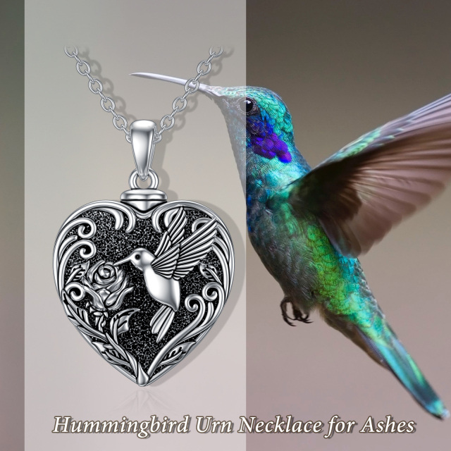 Collar de urna de plata de ley con forma de rosa y colibrí para cenizas-5