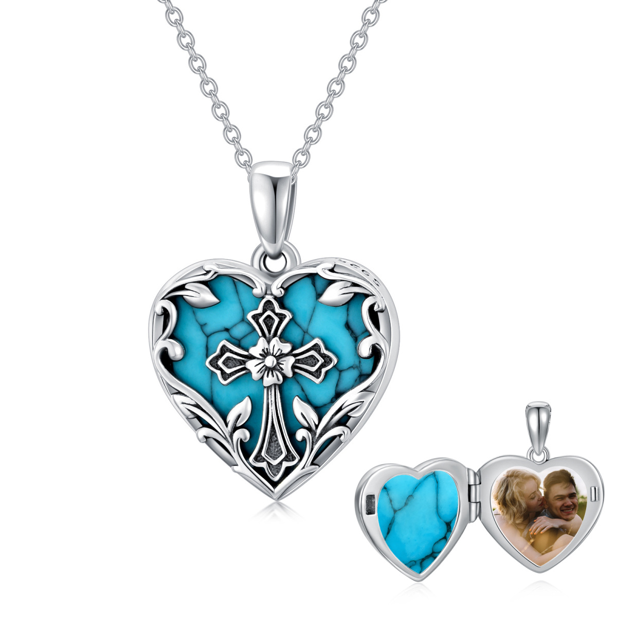 Sterling Silver Heart Turquoise Heart Personalized Photo Locket Necklace with Engraved Word-1