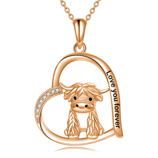 Collier en argent sterling et plaqué or rose avec pendentif Highland Cow & Heart et mot gr