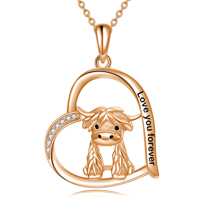 Sterling Silver with Rose Gold Plated Highland Cow & Heart Pendant Necklace with Engraved Word