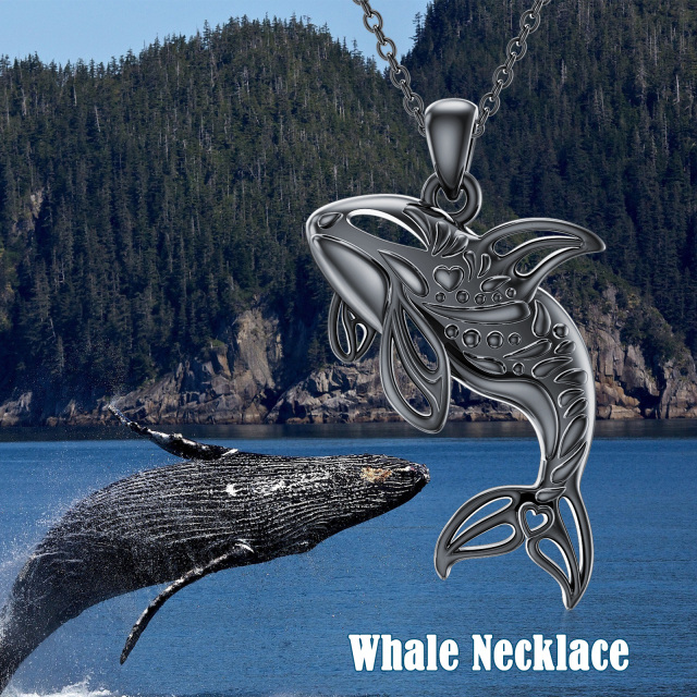 Sterling Silver with Black Rhodium Color Whale Pendant Necklace-6