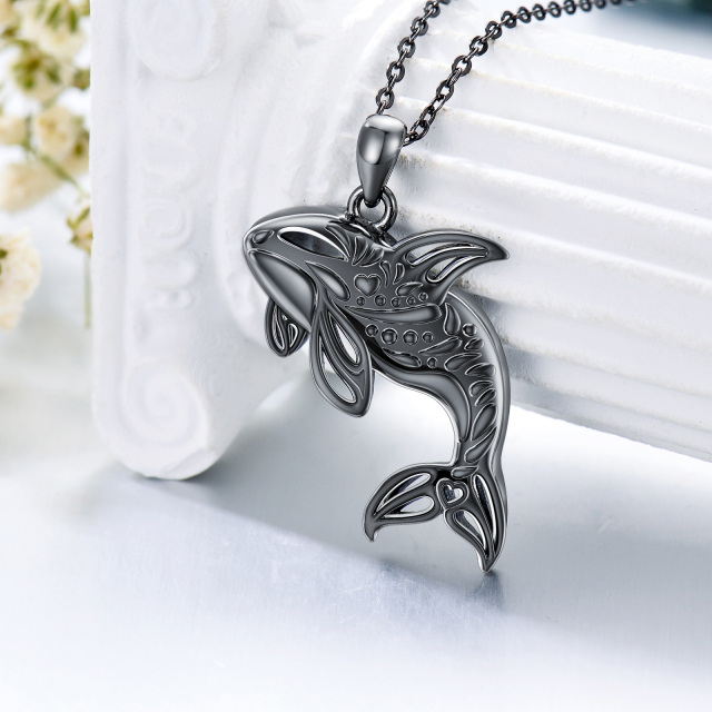 Sterling Silver with Black Rhodium Color Whale Pendant Necklace-3