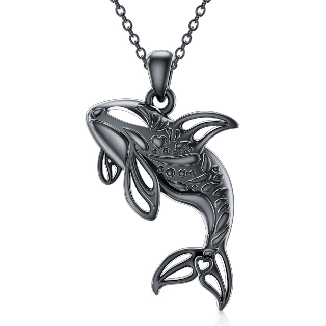 Sterling Silver with Black Rhodium Color Whale Pendant Necklace-1