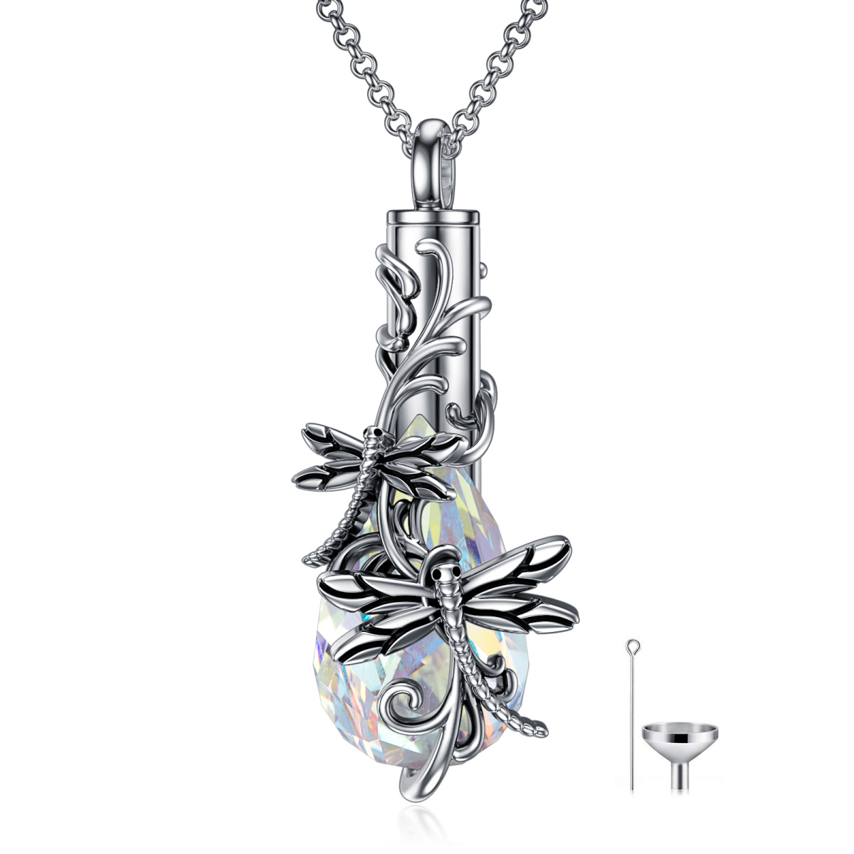 Sterling Silber Kristall Libelle & Efeu Urne Halskette für Asche-1