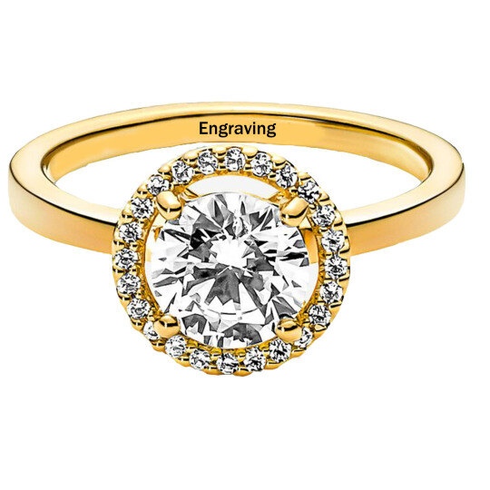 Sterling Silver with Yellow Gold Plated Circular Shaped Moissanite Personalized Engraving Engagement Ring