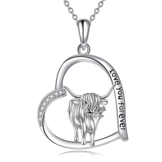 Collana con ciondolo a forma di cuore e mucca Highland in argento sterling con incisione 