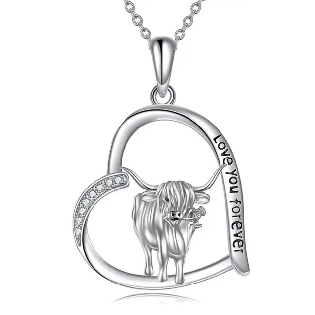 Sterling Silver Cubic Zirconia Highland Cow & Heart Pendant Necklace Engraved I Love You Forever-0