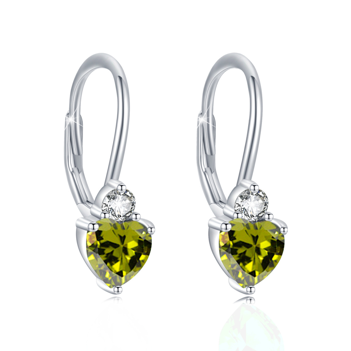 Sterling Silver Heart Shaped Cubic Zirconia Personalized Birthstone & Heart Lever-back Earrings-1