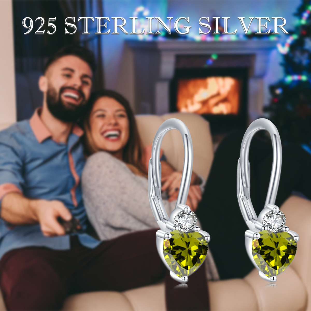 Sterling Silver Heart Shaped Cubic Zirconia Personalized Birthstone & Heart Lever-back Earrings-5