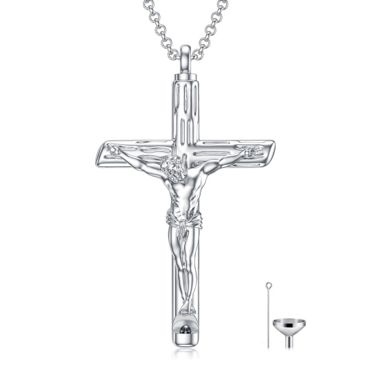 925 Sterling Silver Men's Jesus Christ Religious Cross Cremation Pendant Urn Necklace