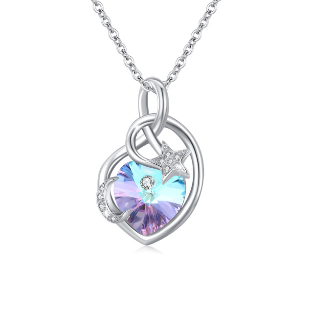 Sterling Silver Heart Shaped Crystal Moon Pendant Necklace-0