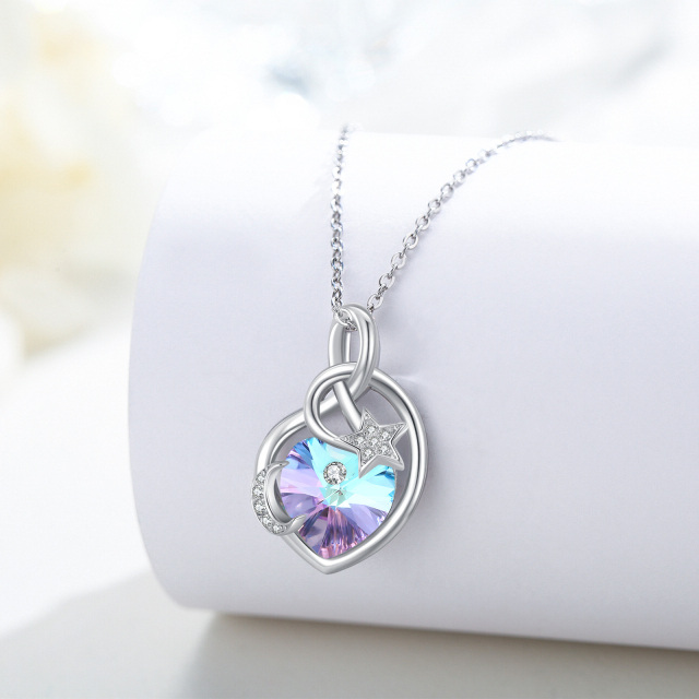 Sterling Silver Heart Shaped Crystal Moon Pendant Necklace-4