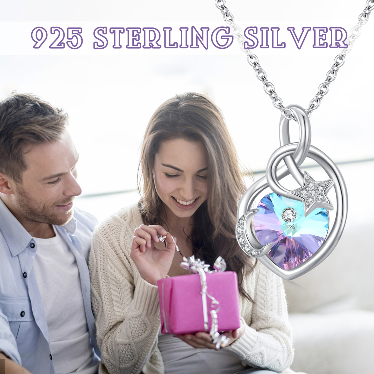 Sterling Silber Herzförmiger Kristall Mond Anhänger Halskette-7
