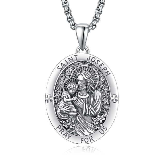 Sterling Silver Saint Joseph Pray for Us Pendant Necklace for Men-0
