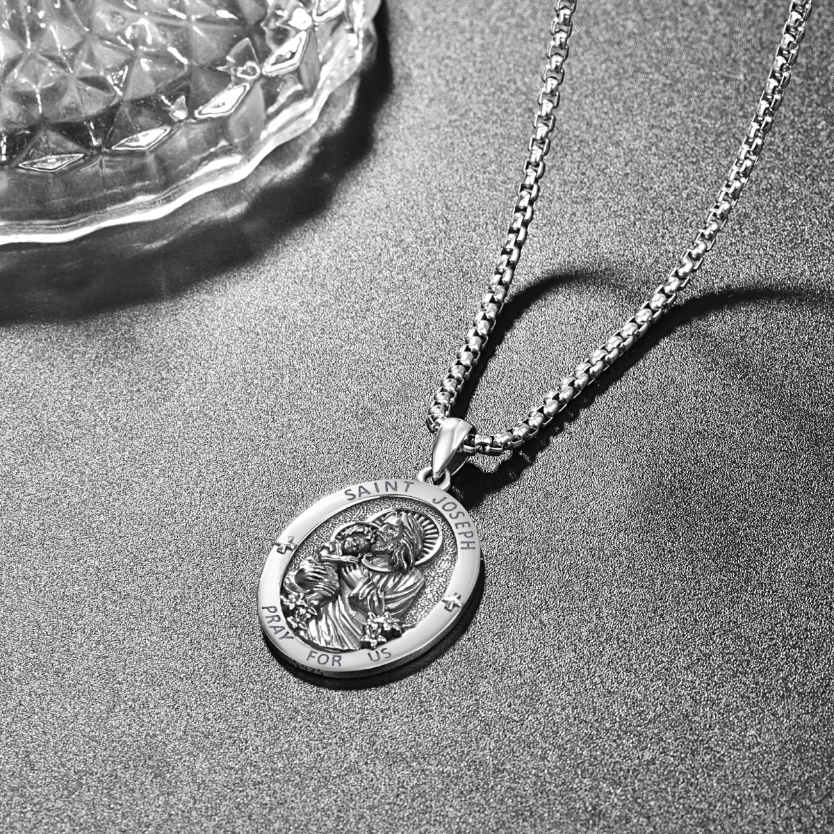 Sterling Silver Saint Joseph Pray for Us Pendant Necklace for Men-4