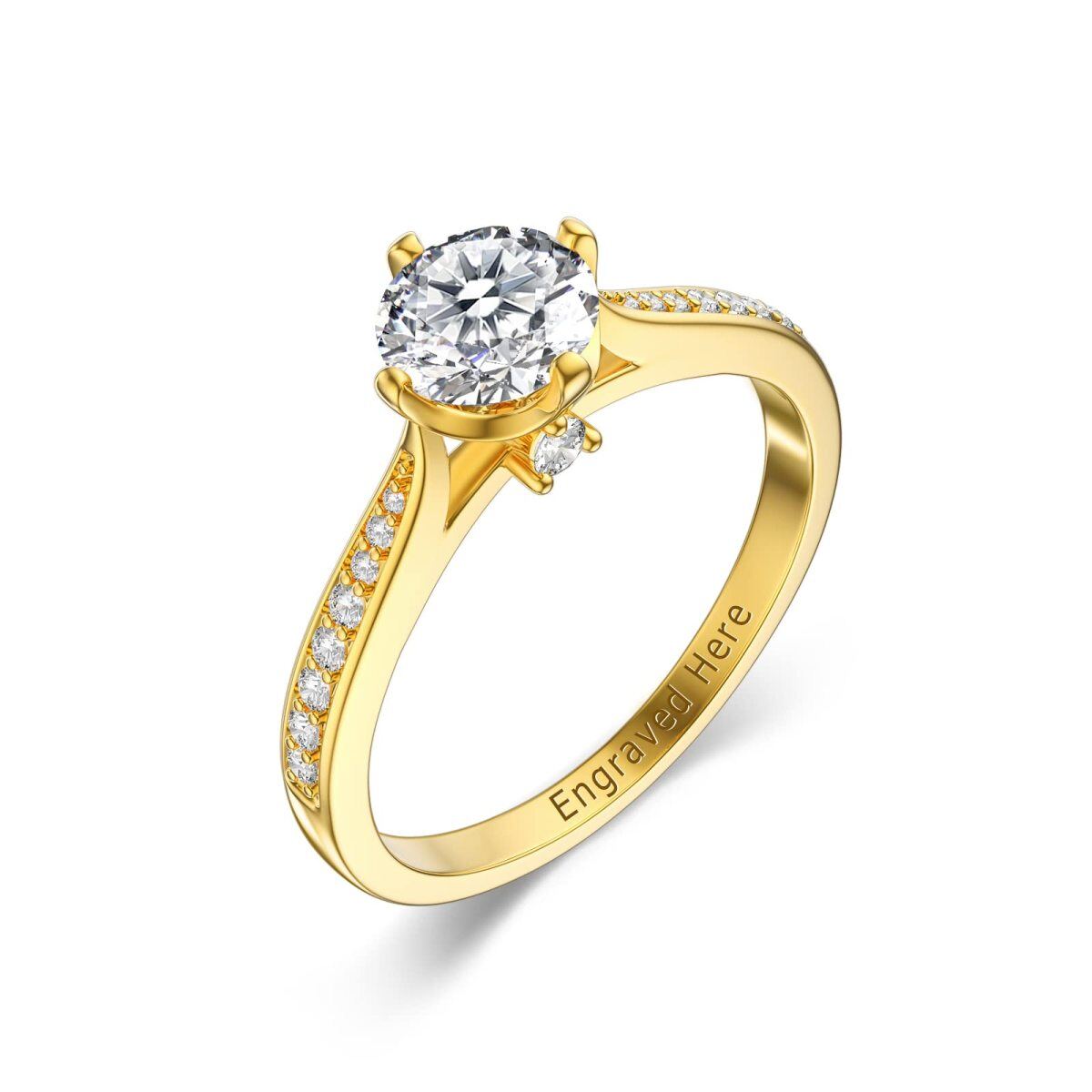 Plata de ley con baño de oro amarillo Moissanite redondo grabado personalizado Anillo de compromiso para ella-3