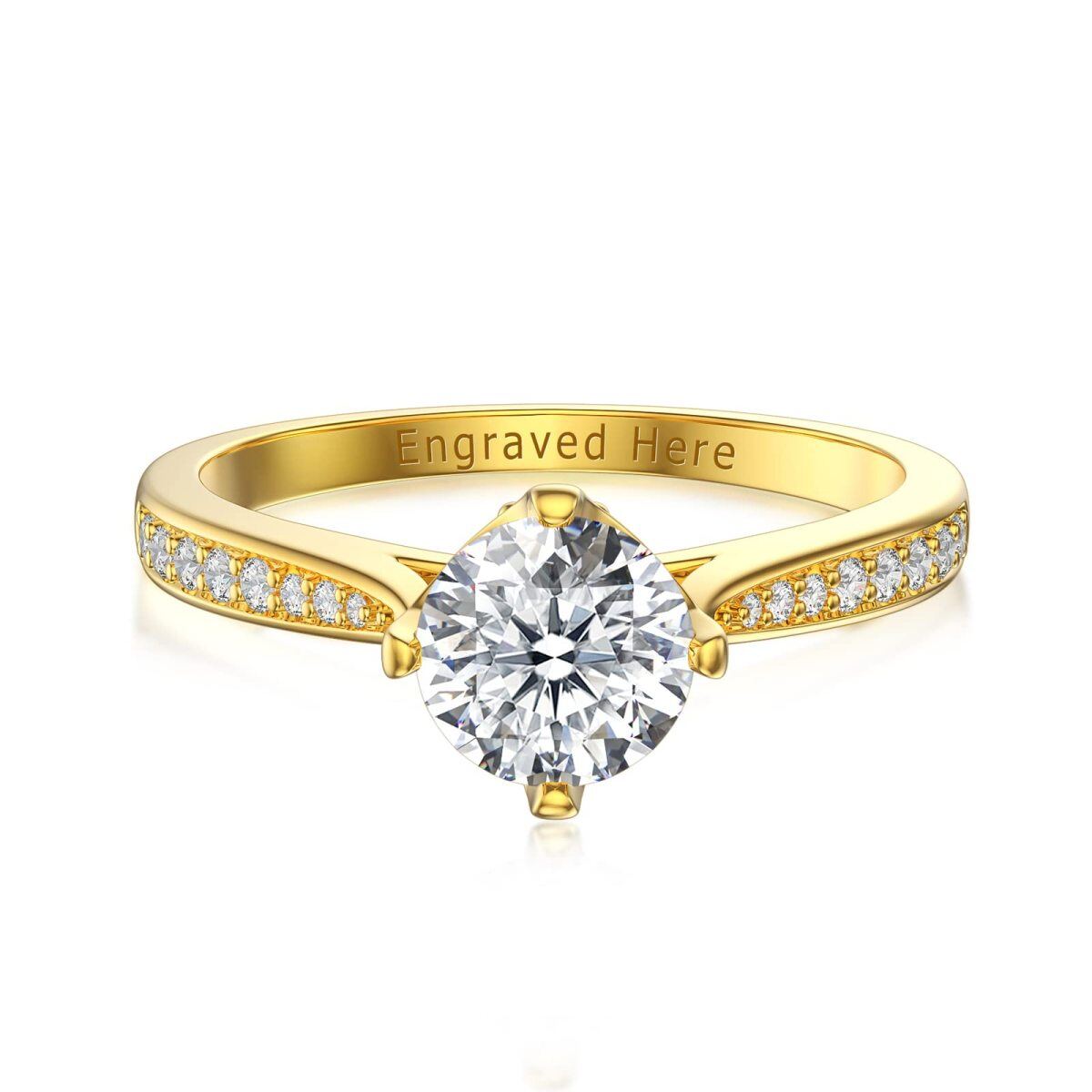 Sterling Silver with Yellow Gold Plated Round Moissanite Personalized Engraving Engagement Ring For Her-1