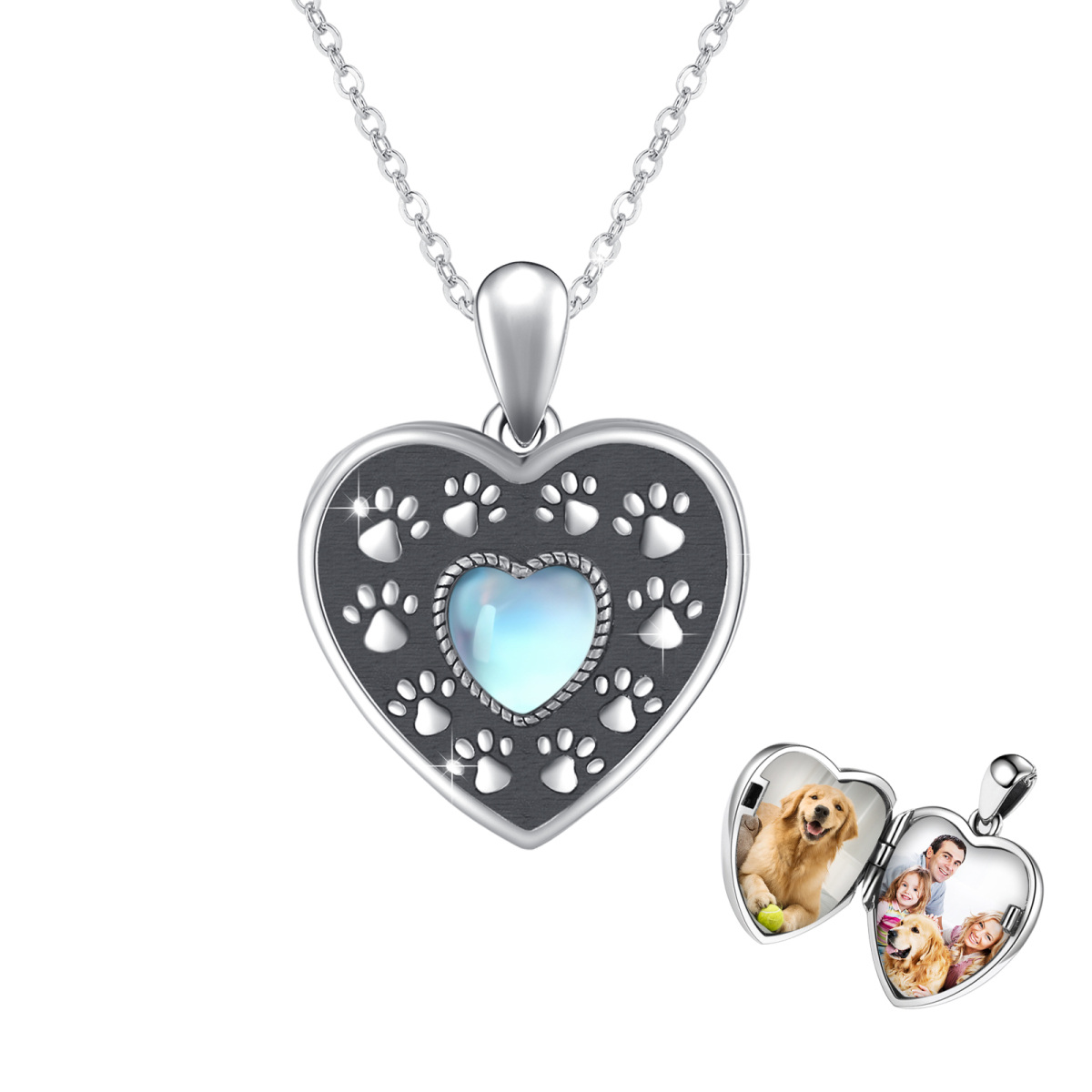 Sterling Silver Heart Shaped Moonstone Paw Personalized Photo Locket Necklace-1