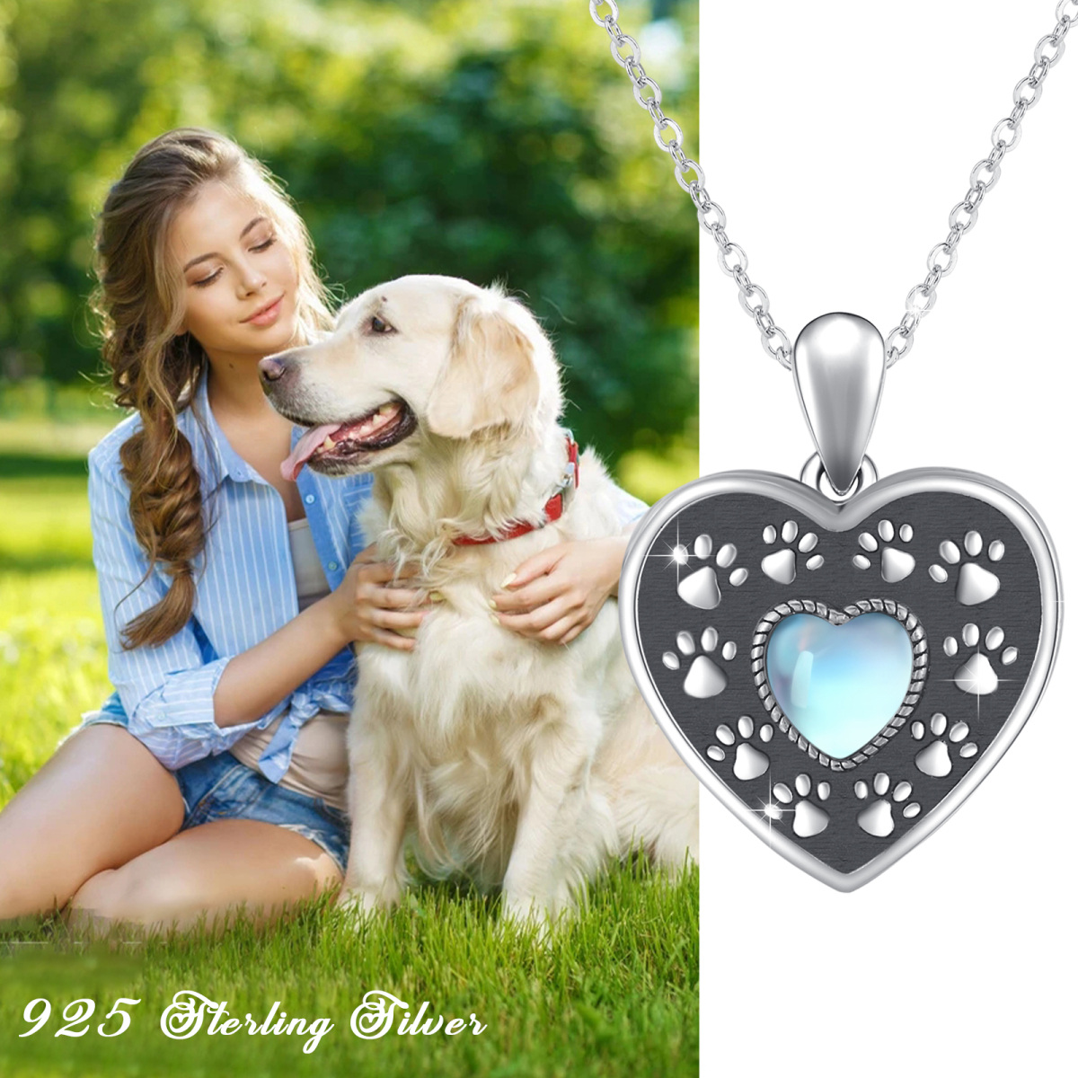 Sterling Silver Heart Shaped Moonstone Paw Personalized Photo Locket Necklace-7