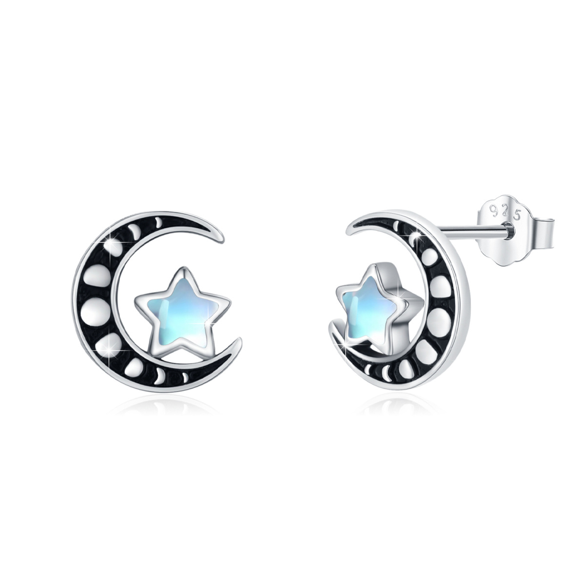 Pendientes de plata de ley con estrella de mar y luna y estrella-1