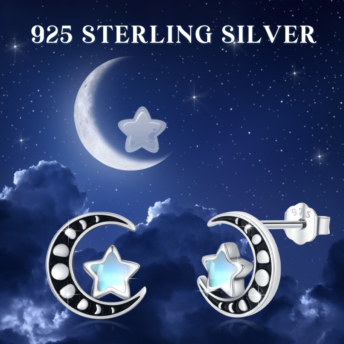 Sterling Silver Moonstone Starfish & Moon & Star Stud Earrings-6