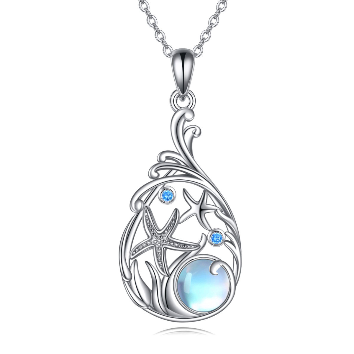 Collier en argent sterling avec pendentif étoile de mer en pierre de lune ronde-1