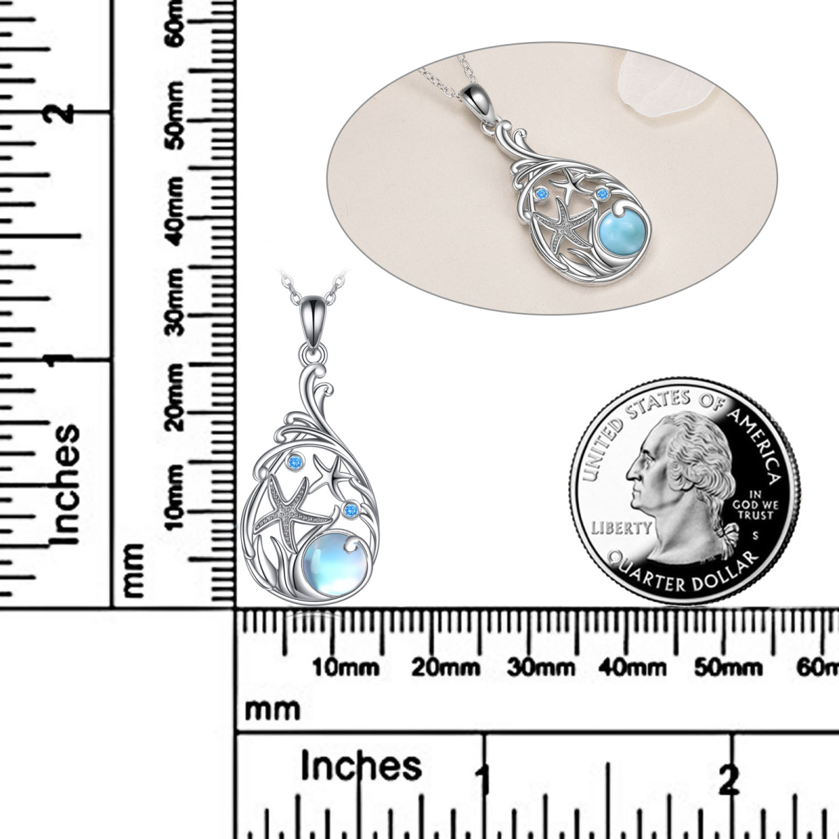 Collier en argent sterling avec pendentif étoile de mer en pierre de lune ronde-5